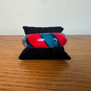 Handmade Brass and Bone Inlay Bangle Bracelet Pink Blue Teal India